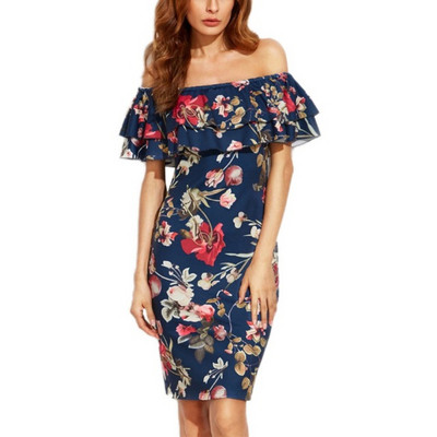Rochie casual de dama cu umerii goi si model floral in albastru si alb