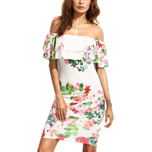 Rochie casual de dama cu umerii goi si model floral in albastru si alb