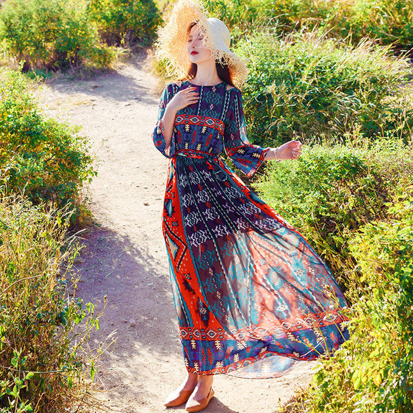 Rochie lungă casual de damă cu talie înaltă