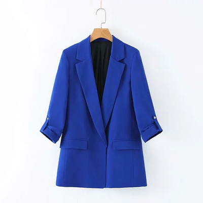 Дамско стилно сако с V-образно деколте в тъмно син цвят 