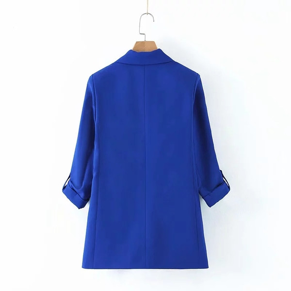 Jachetă elegantă de damă cu decolteu în V în culoarea albastru închis