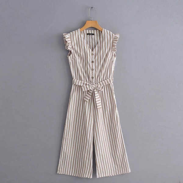 Salopeta de dama in dungi cu centura in talie