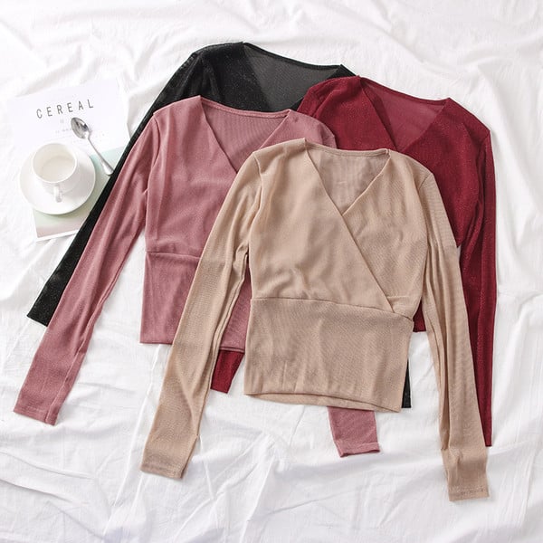 Bluza de dama model nou cu maneci lungi si decolteu in V in mai multe culori