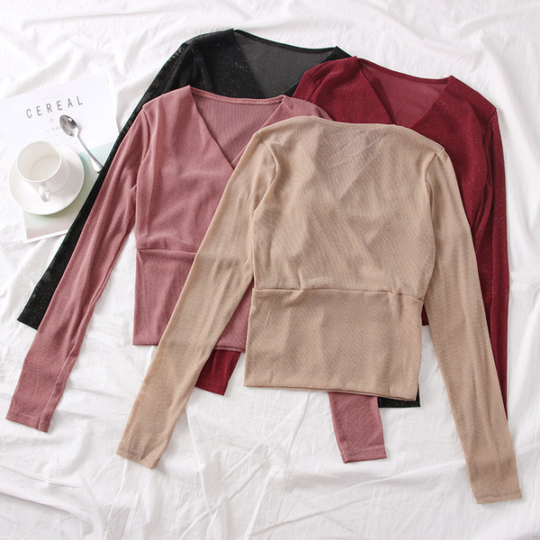 Bluza de dama model nou cu maneci lungi si decolteu in V in mai multe culori