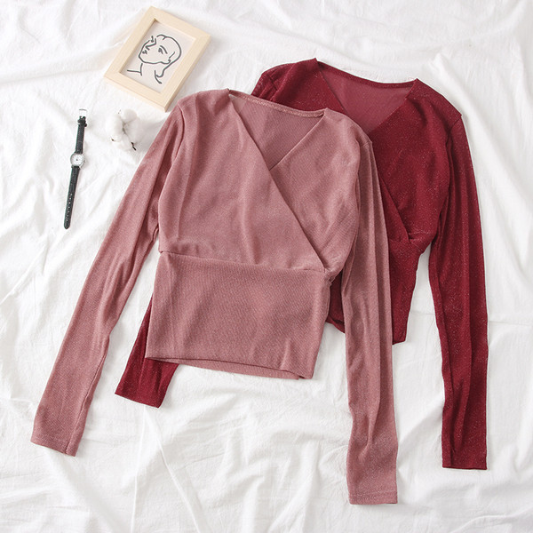 Bluza de dama model nou cu maneci lungi si decolteu in V in mai multe culori