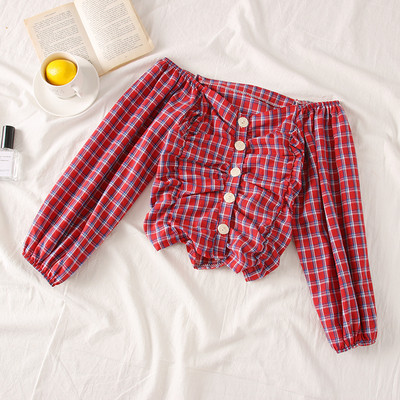 Bluză de damă modernă în carouri cu umerii goi - mai multe culori