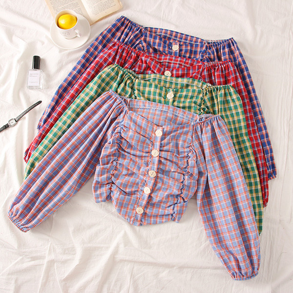 Bluză de damă modernă în carouri cu umerii goi - mai multe culori