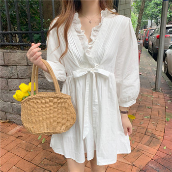 Rochie casual de dama alb cu maneci lungi