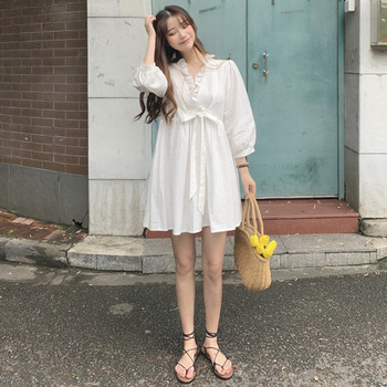 Rochie casual de dama alb cu maneci lungi