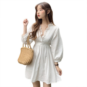 Rochie casual de dama alb cu maneci lungi