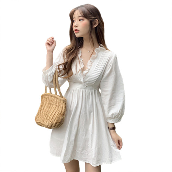 Rochie casual de dama alb cu maneci lungi