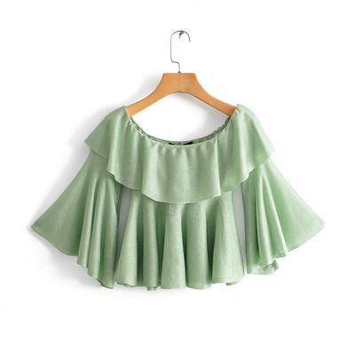 Bluză de damă cu umerii goi în culoarea verde