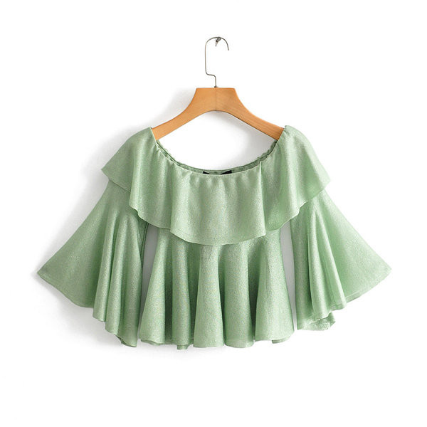 Bluză de damă cu umerii goi în culoarea verde