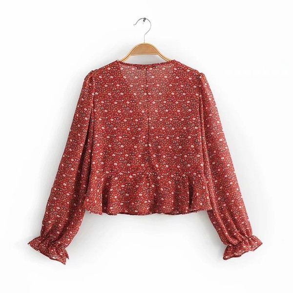 Bluză de damă cu decolteu în V și motiv colorat