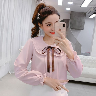 Aktuális női ing fehér és rózsaszín színben, nyakkendővel