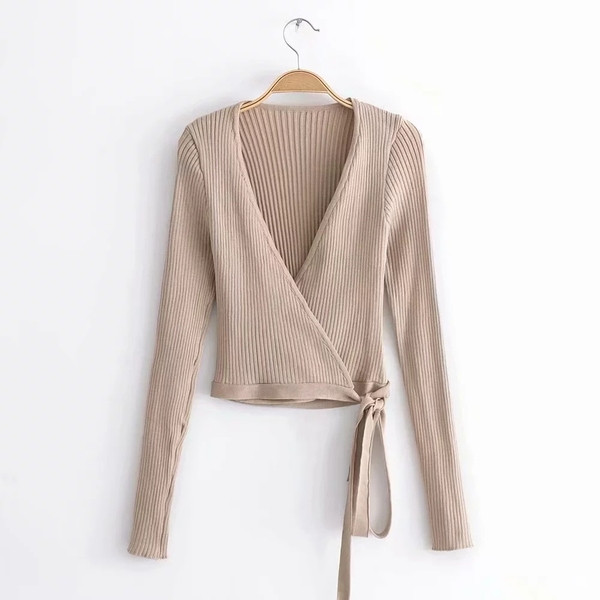 Pulover de damă modern cu cravate și decolteu în V - trei culori