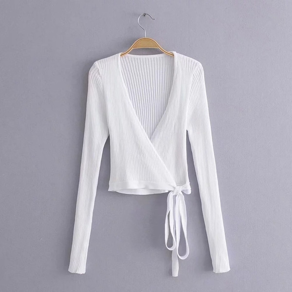 Pulover de damă modern cu cravate și decolteu în V - trei culori