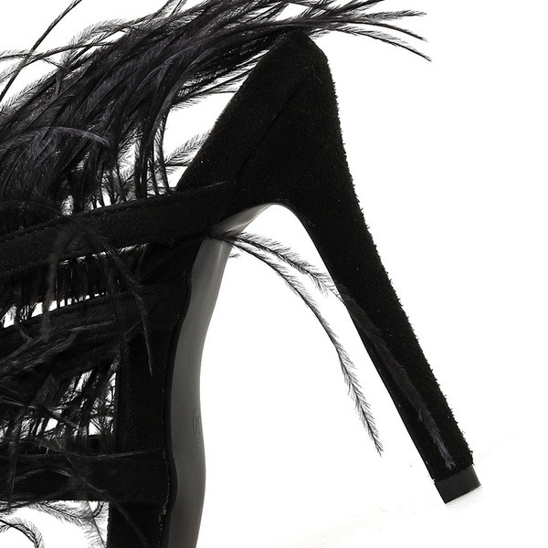 Papuci de dama negru cu toc subtire si pene