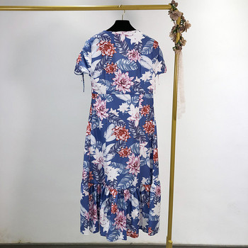 Rochie lunga de dama de culoare albastra si imprimeu floral