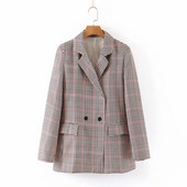 Geaca dama in carouri model lat cu guler in forma de V