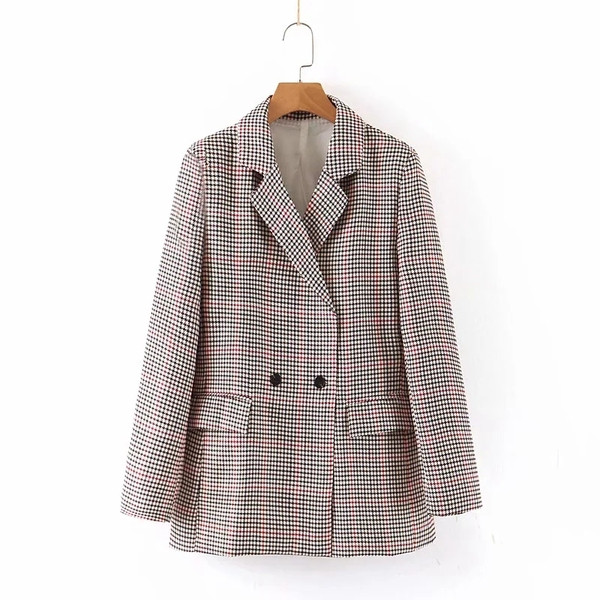 Geaca dama in carouri model lat cu guler in forma de V