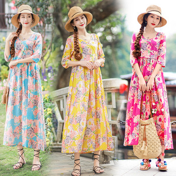 Rochie lungă casual de damă în trei culori cu model floral