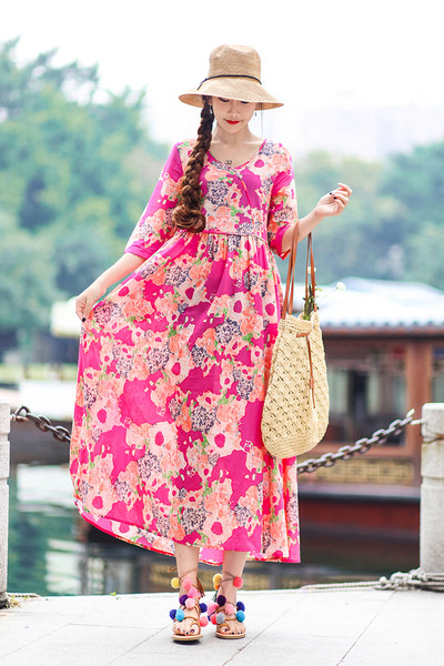 Rochie lungă casual de damă în trei culori cu model floral