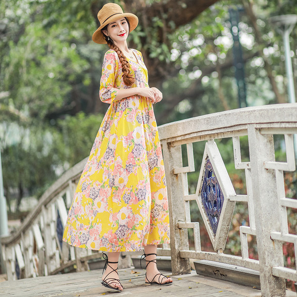 Rochie lungă casual de damă în trei culori cu model floral