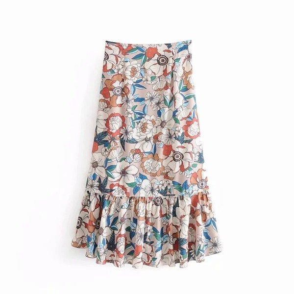 Női szoknya virágos jobb oldali aszimmetrikus mintával
