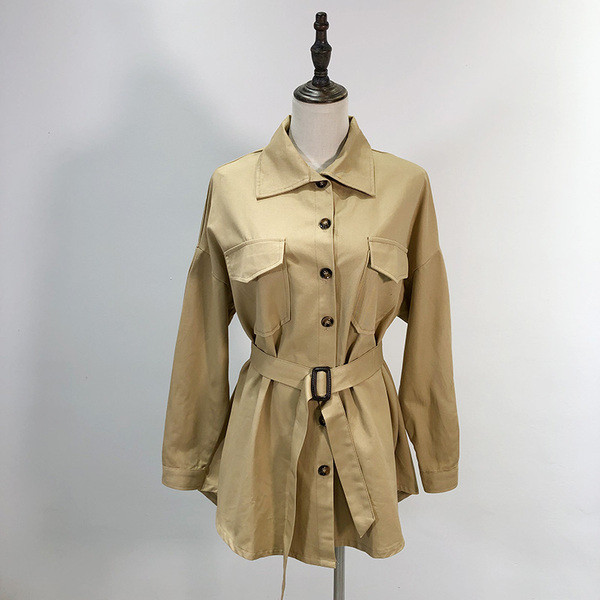 Jachetă subțire de primăvară-toamnă cu curea maro în talie