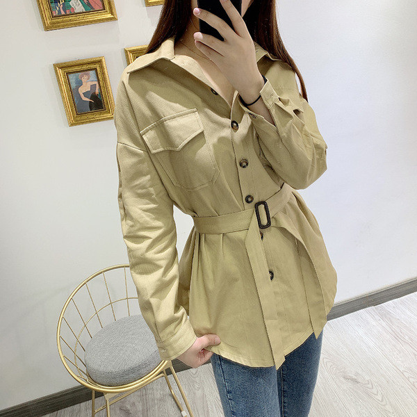 Jachetă subțire de primăvară-toamnă cu curea maro în talie