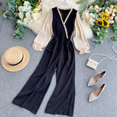 Stílusos női overall széles modell V-nyakú fekete színben