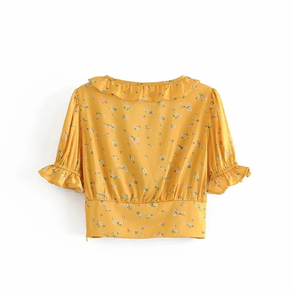 Bluză de damă cu decolteu în V și șireturi de culoare galbenă