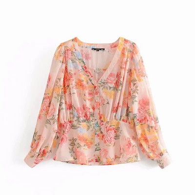 Bluza de dama cu model floral si decolteu in V