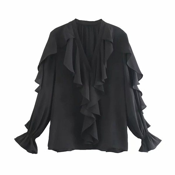 Cămașă de damă actuală cu mânecă lungă - culoare neagră