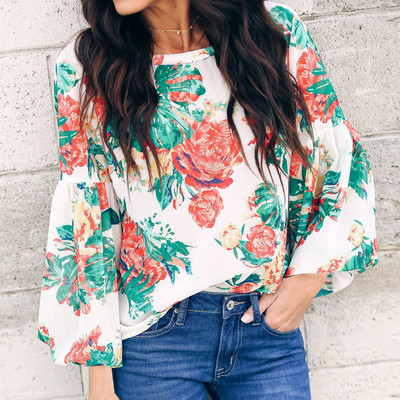 Bluză de damă modernă cu mâneci lungi și decolteu O cu model floral