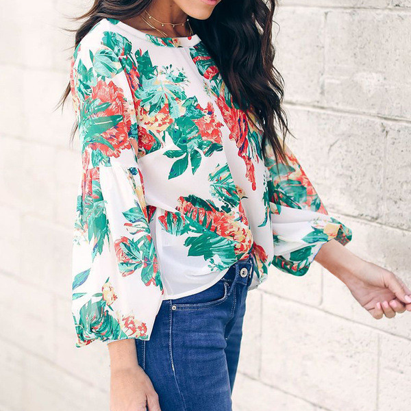 Bluză de damă modernă cu mâneci lungi și decolteu O cu model floral