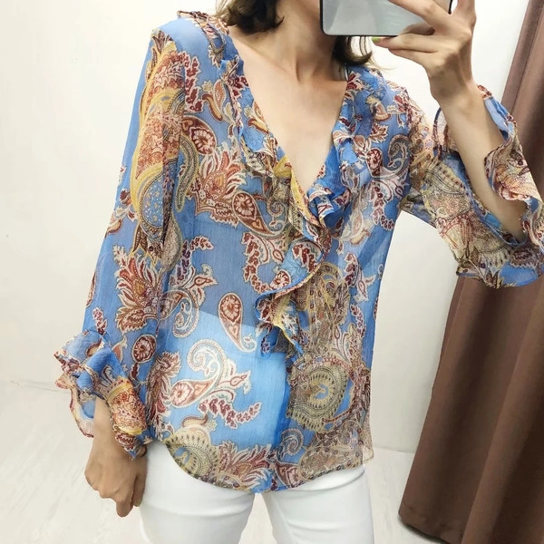 Cămașă modernă de damă cu mâneci lotus de culoare albastră