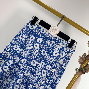 Fusta lunga dama - model lat in albastru cu model