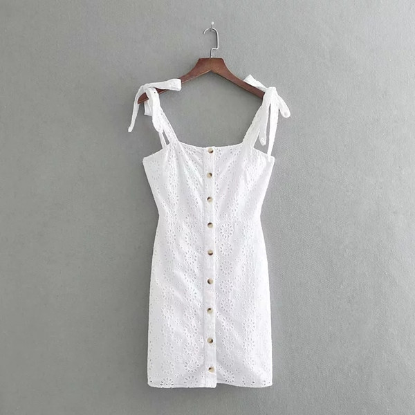 Rochie de dama moderna cu bretele si nasturi in alb