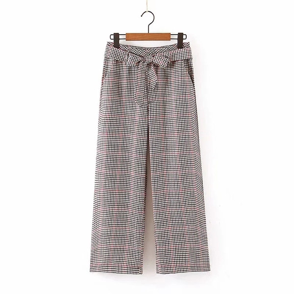 Pantaloni de dama in carouri cu talie inalta si curea