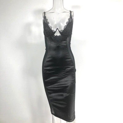 Rochie elegantă de damă, cu bretele subțiri și decolteu adânc, în negru și roșu