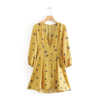 Rochie de damă cu mâneci lungi și decolteu în V de culoare galbenă