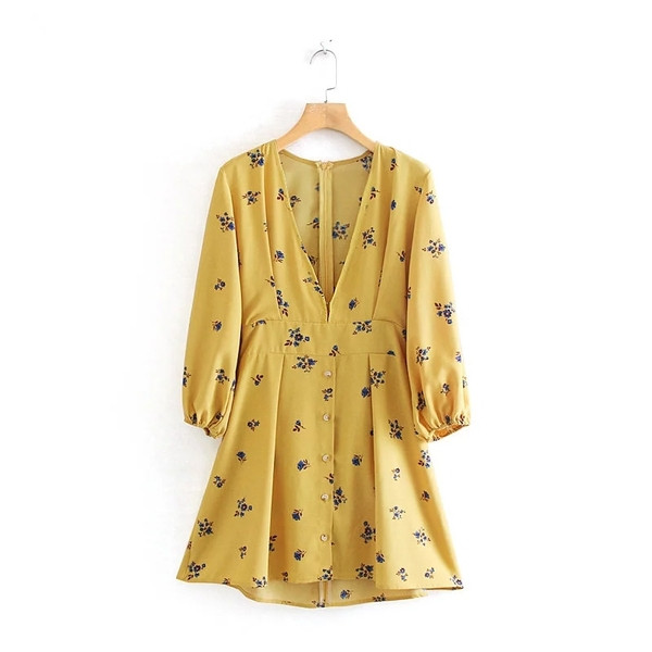 Rochie de damă cu mâneci lungi și decolteu în V de culoare galbenă