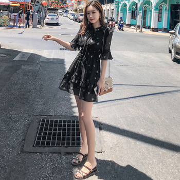 Rochie moderna de dama cu model floral in negru cu maneci 3/4