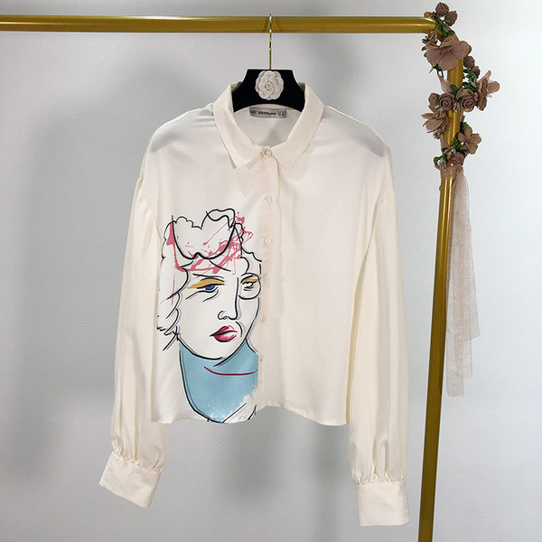 Cămașă de damă cu mânecă lungă, albă, cu aplicație