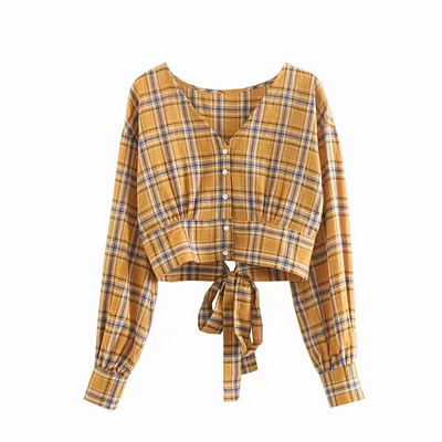 Bluză de damă în carouri cu decolteu în V și mâneci lungi