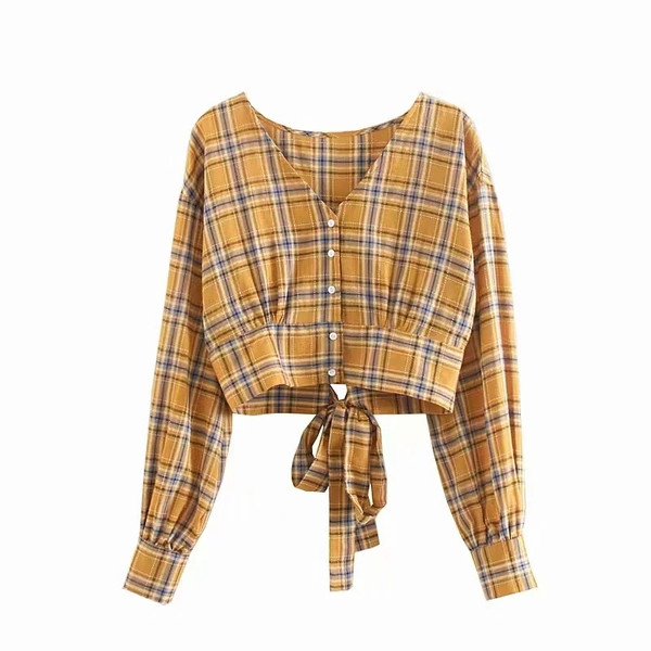 Bluză de damă în carouri cu decolteu în V și mâneci lungi