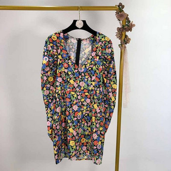 Rochie de dama cu decolteu in V si maneci lungi cu model floral