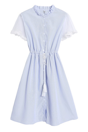 Rochie moderna de dama cu talie inalta in albastru si roz